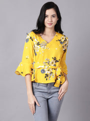 Daima Women Mustard yellow Casual Printed V-Neck Top