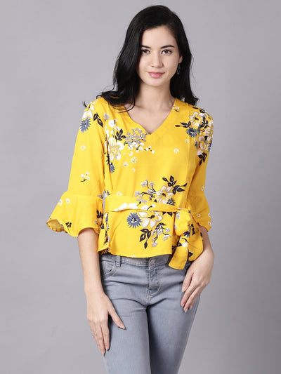 Daima Women Mustard yellow Casual Printed V-Neck Top