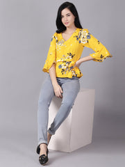 Daima Women Mustard yellow Casual Printed V-Neck Top