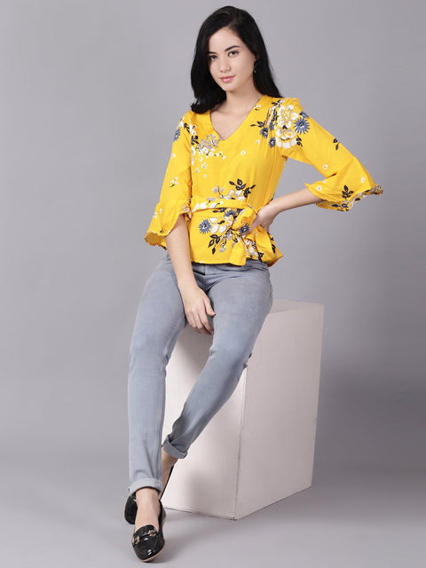Daima Women Mustard yellow Casual Printed V-Neck Top