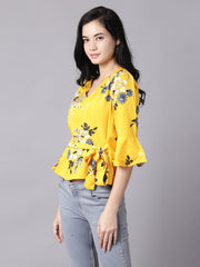Daima Women Mustard yellow Casual Printed V-Neck Top