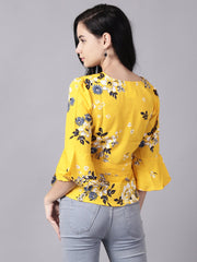Daima Women Mustard yellow Casual Printed V-Neck Top