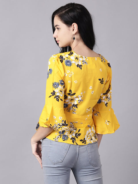 Daima Women Mustard yellow Casual Printed V-Neck Top