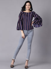 Women Navy Blue Stripes  Printed Top With Three Quarter Sleeves