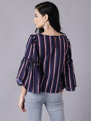 Women Navy Blue Stripes  Printed Top With Three Quarter Sleeves
