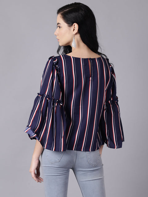 Women Navy Blue Stripes  Printed Top With Three Quarter Sleeves