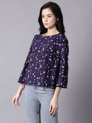 Daima Women Navy Blue Casual Printed Boat Neck Top