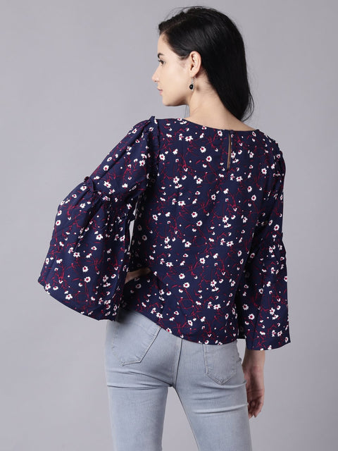 Daima Women Navy Blue Casual Printed Boat Neck Top