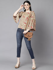 Daima Women Beige Casual Printed Boat Neck Top