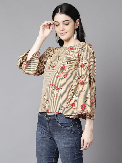 Daima Women Beige Casual Printed Boat Neck Top