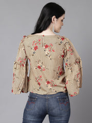 Daima Women Beige Casual Printed Boat Neck Top