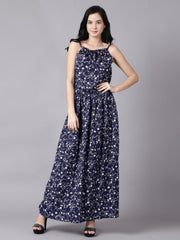 Daima Women Navy Blue Floral Printed Shoulder Straps A-Line Dress