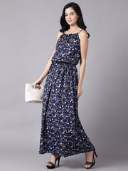 Daima Women Navy Blue Floral Printed Shoulder Straps A-Line Dress