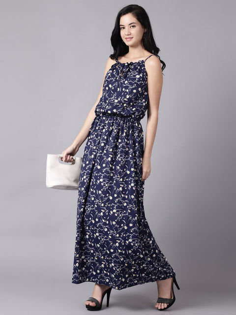 Daima Women Navy Blue Floral Printed Shoulder Straps A-Line Dress