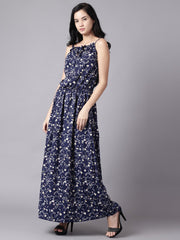 Daima Women Navy Blue Floral Printed Shoulder Straps A-Line Dress