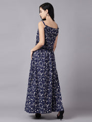 Daima Women Navy Blue Floral Printed Shoulder Straps A-Line Dress