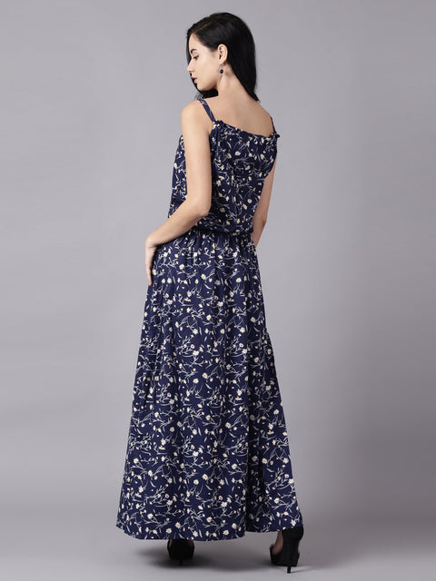 Daima Women Navy Blue Floral Printed Shoulder Straps A-Line Dress