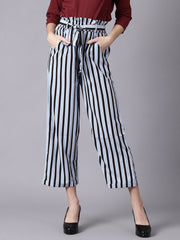 Daima Women Sky Blue Striped Casual Texture Georgette Trouser