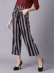 Daima Women Navy Blue Striped Casual Crepe Trouser