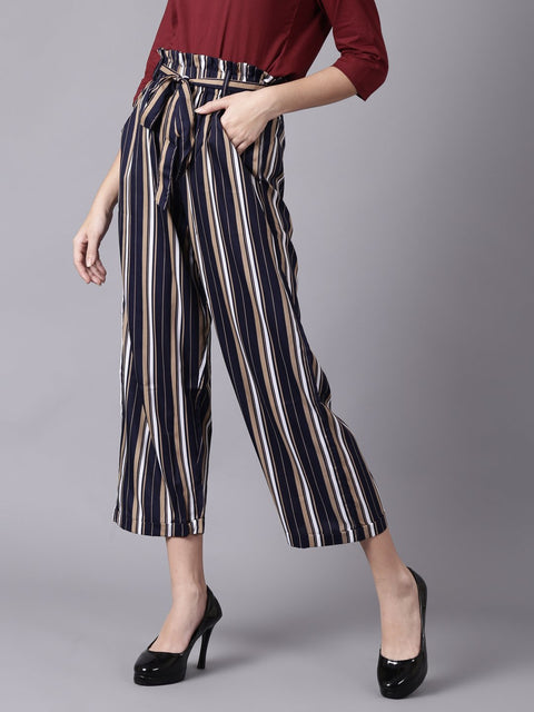 Daima Women Navy Blue Striped Casual Crepe Trouser