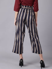 Daima Women Navy Blue Striped Casual Crepe Trouser