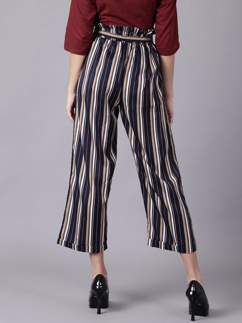 Daima Women Navy Blue Striped Casual Crepe Trouser