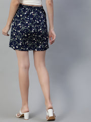 Women Navy Blue Floral Printed Mini Skirt