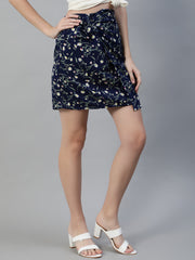 Women Navy Blue Floral Printed Mini Skirt