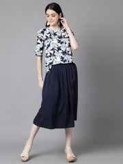 Daima Women Navy Blue Slip-On Polyester Short Sleeves Skirt and Top Set
