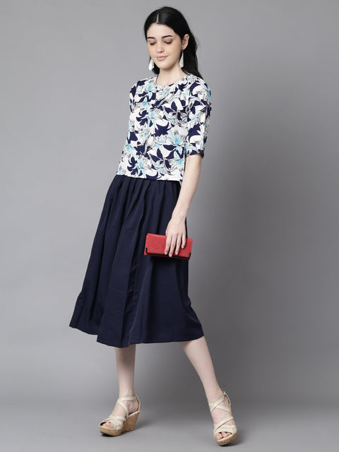Daima Women Navy Blue Slip-On Polyester Short Sleeves Skirt and Top Set