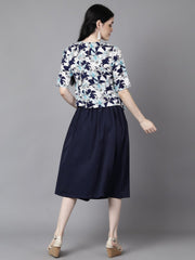 Daima Women Navy Blue Slip-On Polyester Short Sleeves Skirt and Top Set