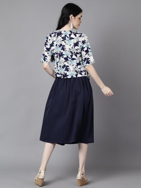 Daima Women Navy Blue Slip-On Polyester Short Sleeves Skirt and Top Set