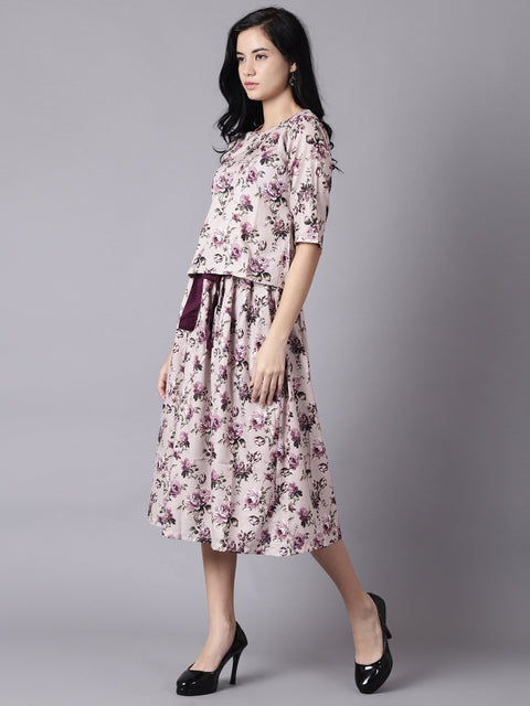 Daima Women Beige Slip-On Polyester Short Sleeves Skirt and Top Set