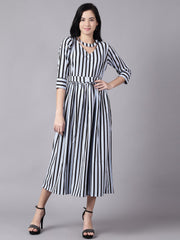 Daima Women Sky Blue Striped Striped Choker Neck A-Line Dress
