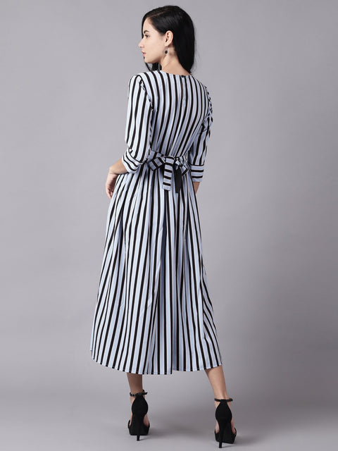 Daima Women Sky Blue Striped Striped Choker Neck A-Line Dress