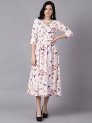 Daima Women Off-white Floral Printed Choker Neck A-Line Dress