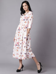 Daima Women Off-white Floral Printed Choker Neck A-Line Dress