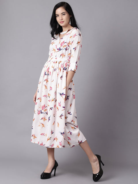 Daima Women Off-white Floral Printed Choker Neck A-Line Dress