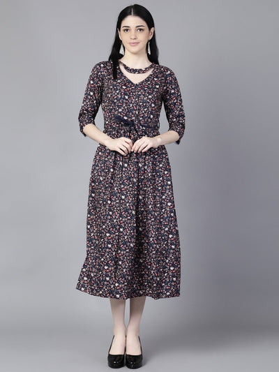 Daima Women Navy Blue Floral Printed Choker Neck A-Line Dress