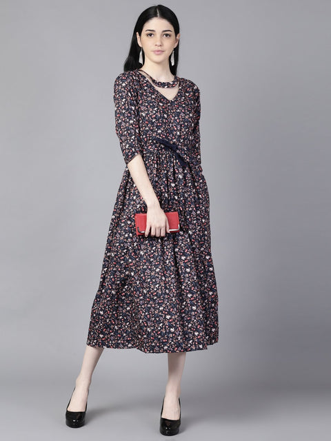 Daima Women Navy Blue Floral Printed Choker Neck A-Line Dress