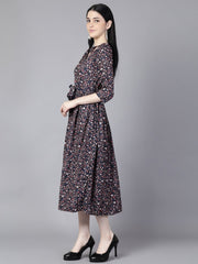 Daima Women Navy Blue Floral Printed Choker Neck A-Line Dress