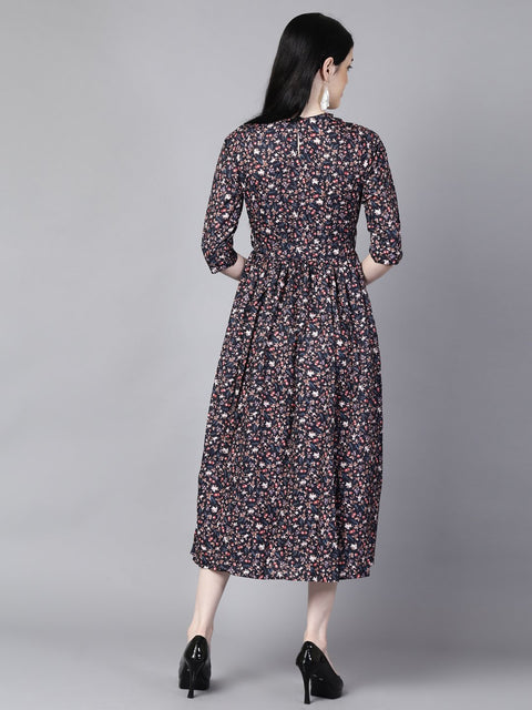 Daima Women Navy Blue Floral Printed Choker Neck A-Line Dress