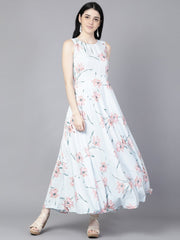 Women Blue Floral Printed Sleevless Maxi Dress