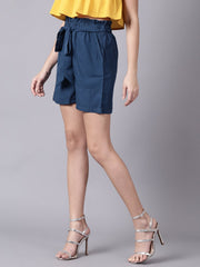 Daima Women Navy BlueSlip-On Solid  Polyester Shorts