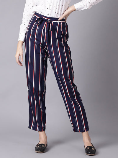 Daima Women Navy Blue Striped Casual Crepe Trouser