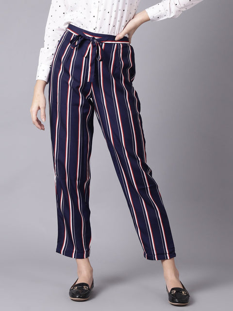 Daima Women Navy Blue Striped Casual Crepe Trouser