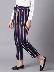 Daima Women Navy Blue Striped Casual Crepe Trouser