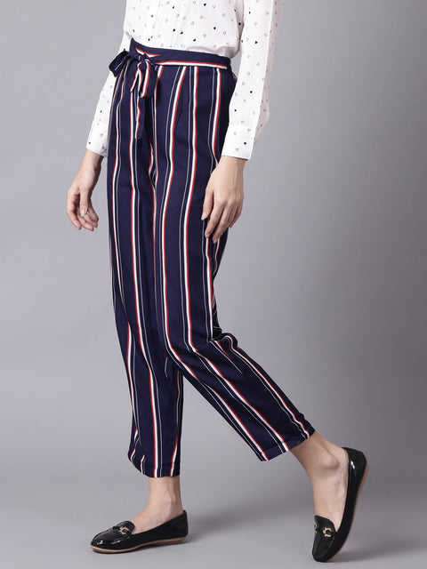 Daima Women Navy Blue Striped Casual Crepe Trouser