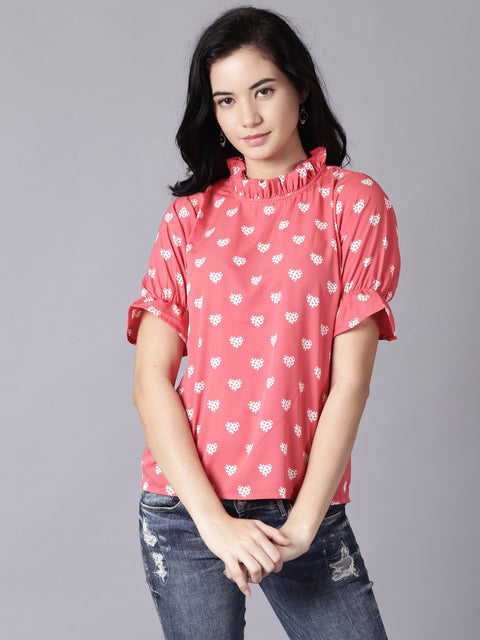 Daima Women Coral Casual Printed High Neck Top