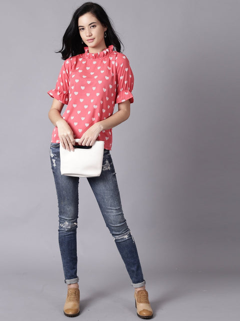Daima Women Coral Casual Printed High Neck Top